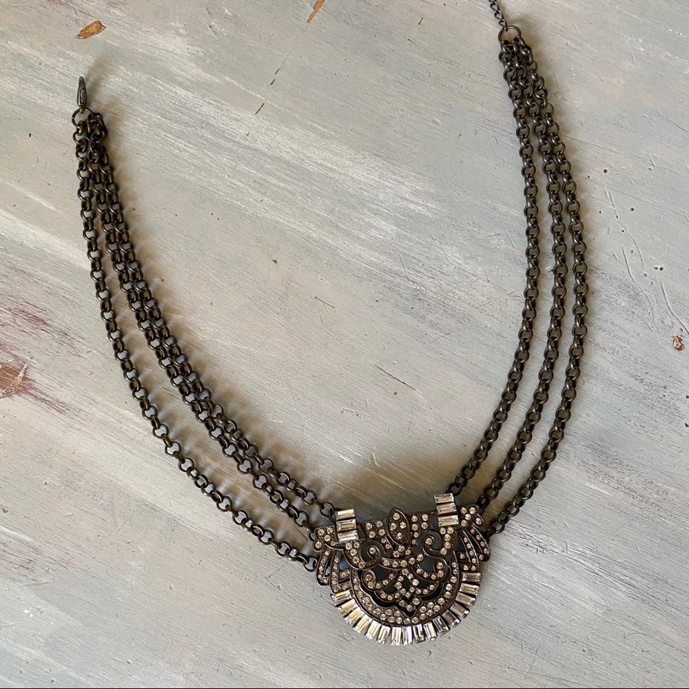 Art Nouveau Brass & Rhinestone Necklace